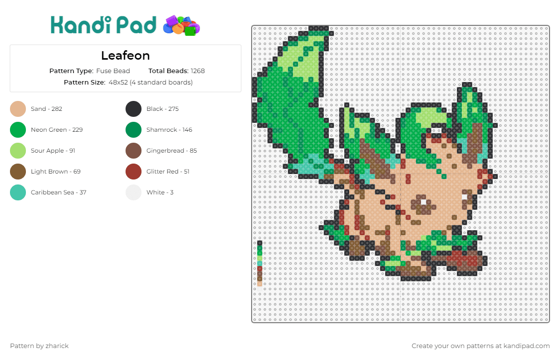 Leafeon - Fuse Bead Pattern by zharick on Kandi Pad - leafeon,pokemon,grass-type,vibrant,earthy,tribute,evolution,crafting,green,beige