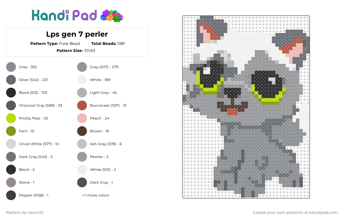 Lps gen 7 perler - Fuse Bead Pattern by rawrx33 on Kandi Pad - wolf,littlest pet shop,animal,gray