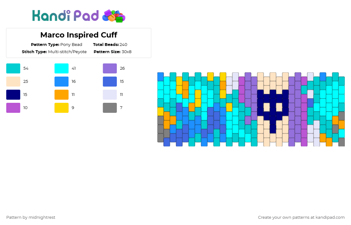 Marco Inspired Cuff - Pony Bead Pattern by midnightrest on Kandi Pad - light blue,purple,one piece,anime,marco the phoenix,cuff,teal,yellow