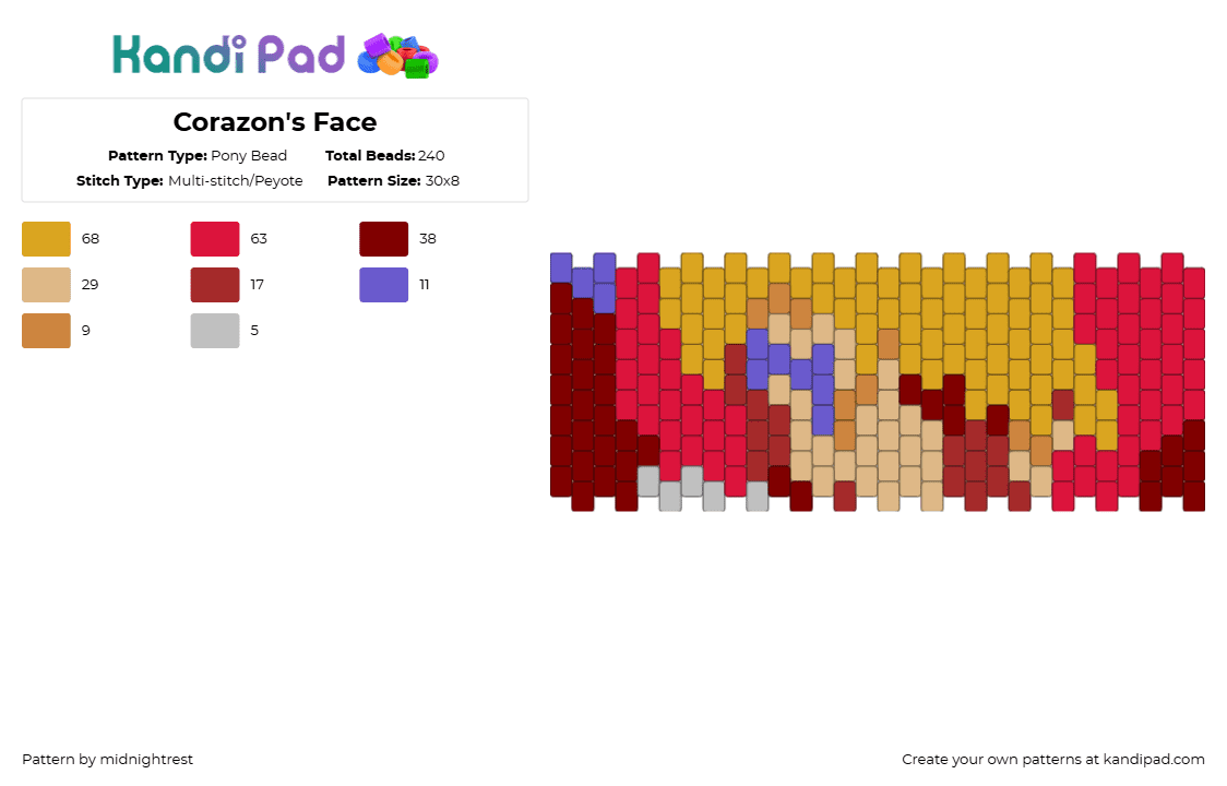 Corazon\'s Face - Pony Bead Pattern by midnightrest on Kandi Pad - red,orange,one piece,anime,corazon,cuff,yellow