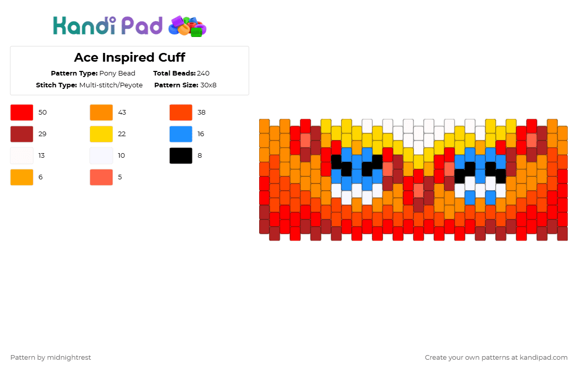 Ace Inspired Cuff - Pony Bead Pattern by midnightrest on Kandi Pad - red,anime,one piece,fire fist ace,fire