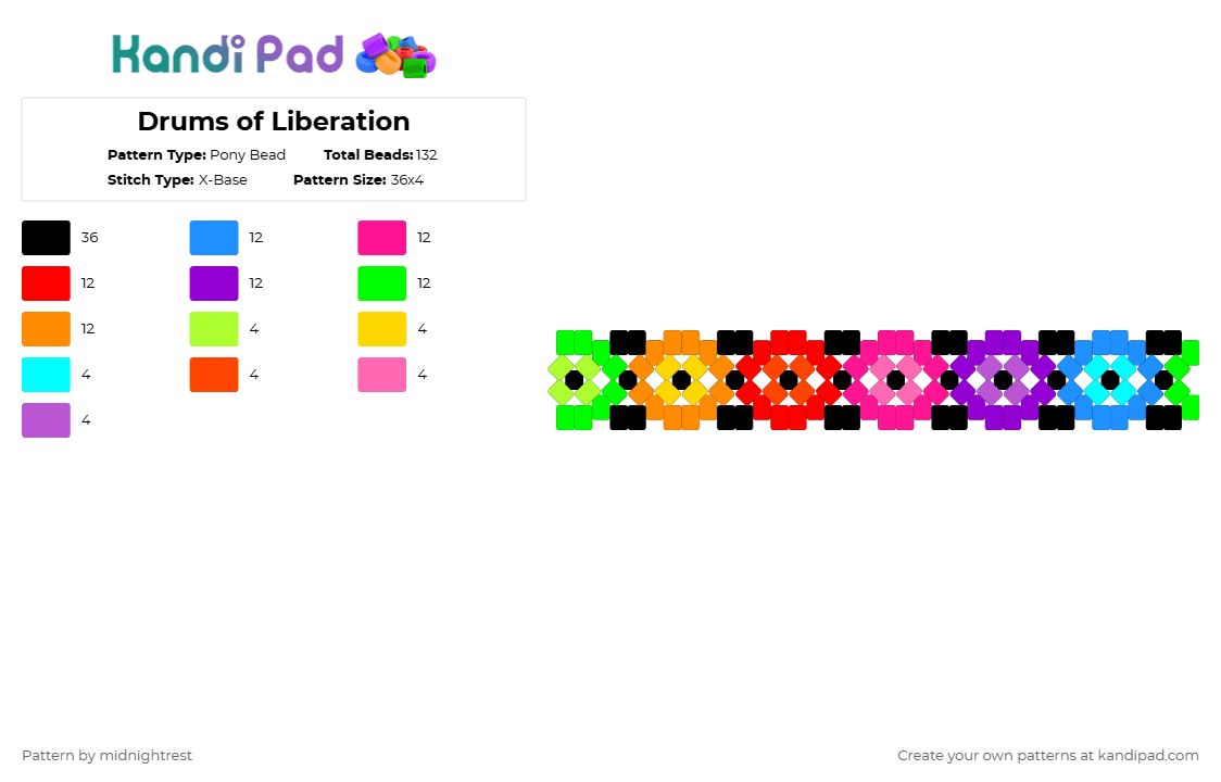 Drums of Liberation - Pony Bead Pattern by midnightrest on Kandi Pad - drums,xbase,drums of liberation,anime,green,light blue,pink,red,one piece,luffy,cuff,multicolor