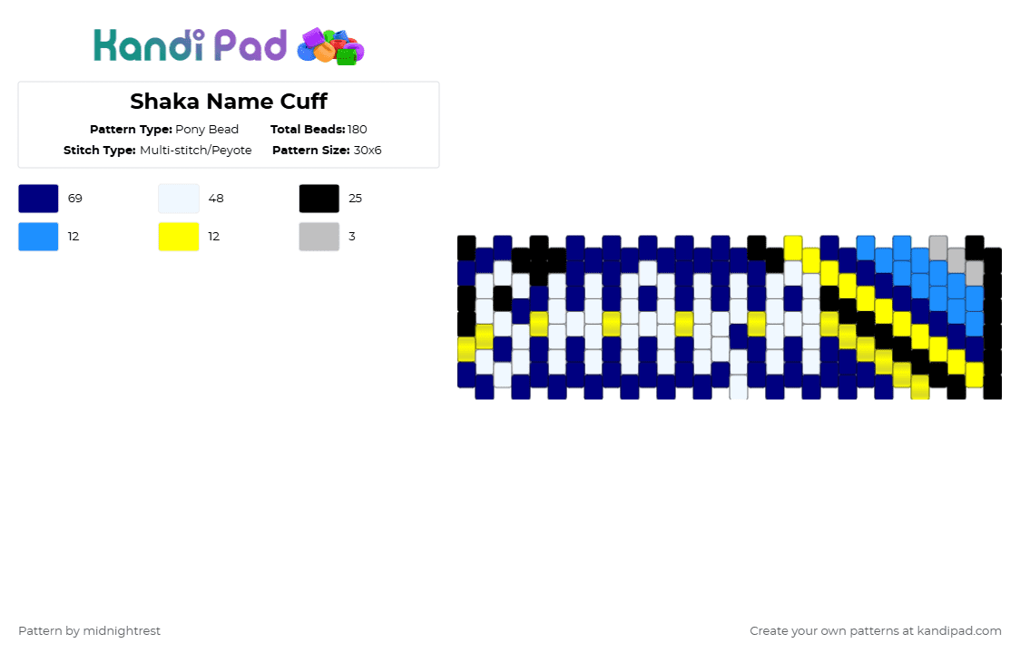 Shaka Name Cuff - Pony Bead Pattern by midnightrest on Kandi Pad - anime, blue, one piece, purple, vegapunk shaka, white, yellow