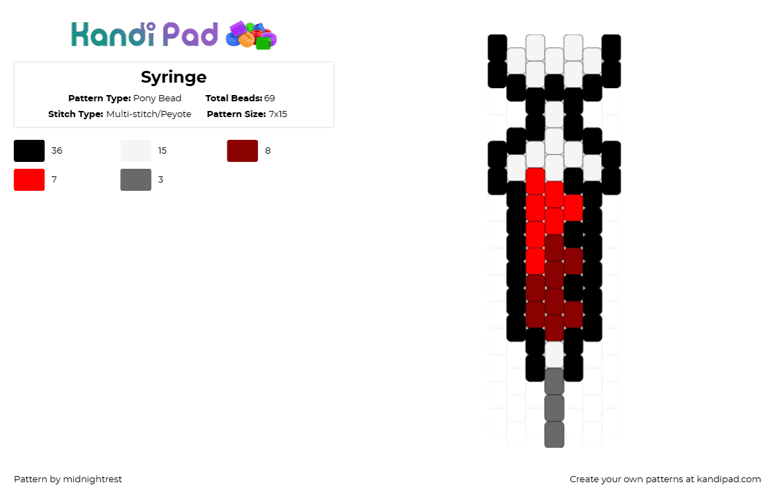 Syringe - Pony Bead Pattern by midnightrest on Kandi Pad - red,syringe,medical,charm