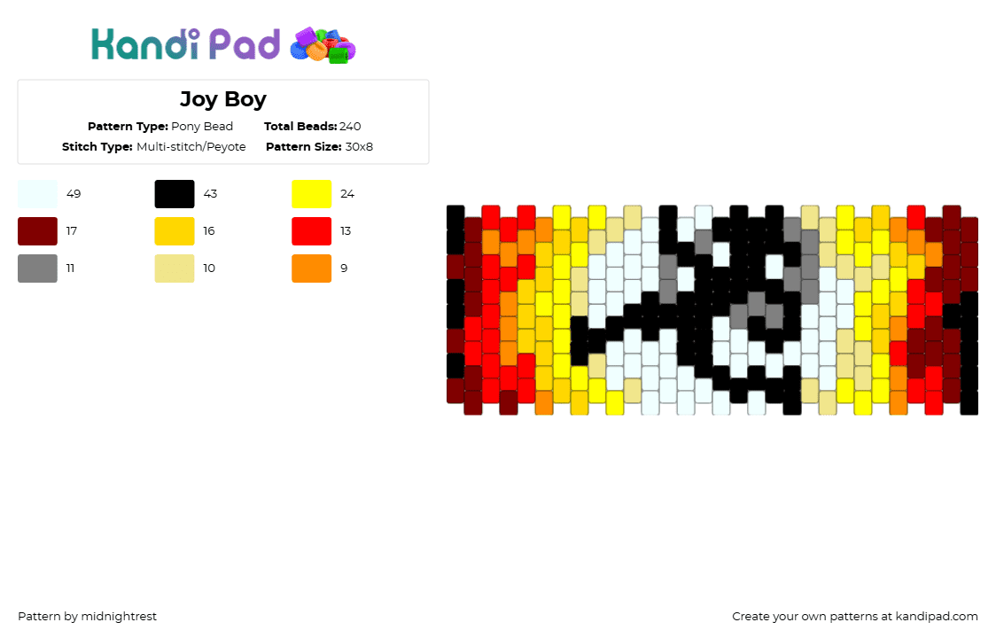 Joy Boy - Pony Bead Pattern by midnightrest on Kandi Pad - brown,yellow,anime,one piece,luffy,cuff,orange,red