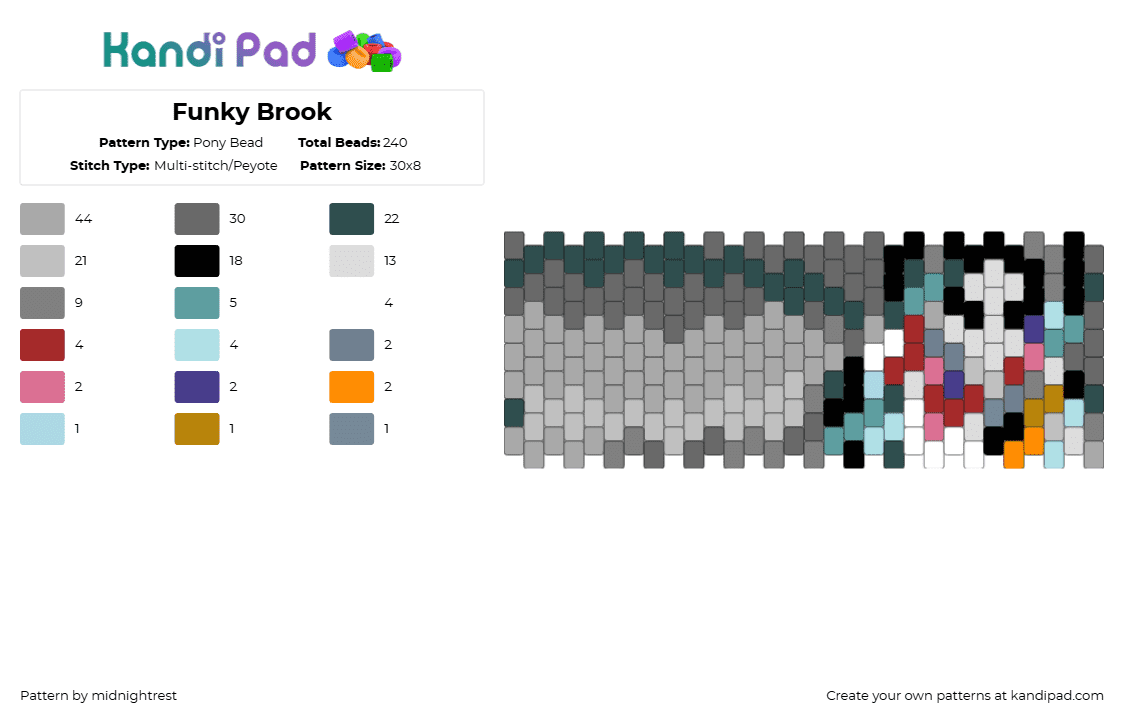 Funky Brook - Pony Bead Pattern by midnightrest on Kandi Pad - one piece,anime,cuff,gray,white,teal,brook,beige
