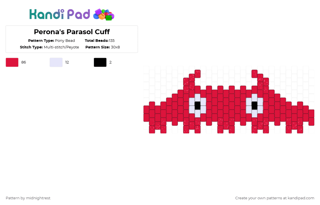 Perona\'s Parasol Cuff - Pony Bead Pattern by midnightrest on Kandi Pad - red,one piece,anime,perona,pink,cuff