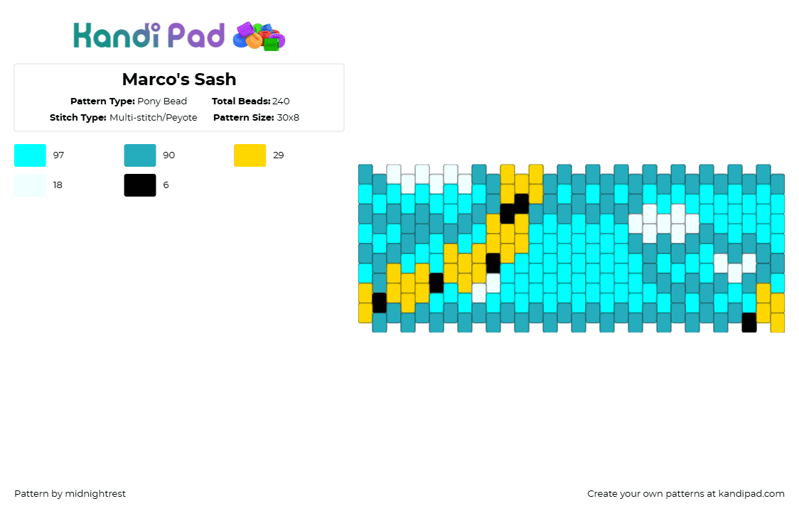 Marco\'s Sash - Pony Bead Pattern by midnightrest on Kandi Pad - teal,light blue,one piece,marco the phoenix,anime,cuff,yellow