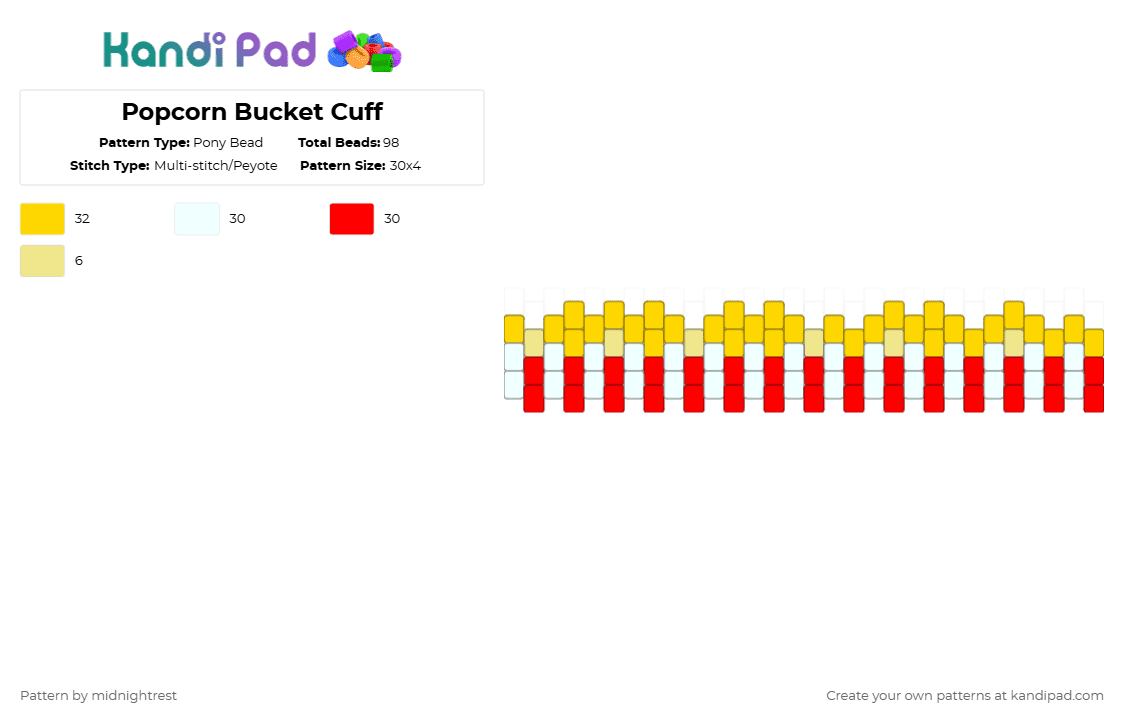 Popcorn Bucket Cuff - Pony Bead Pattern by midnightrest on Kandi Pad - red,yellow,popcorn,white,cuff