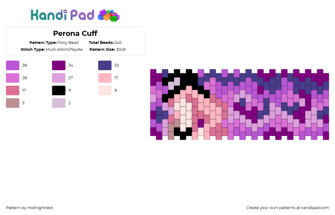 Perona Cuff - Pony Bead Pattern by midnightrest on Kandi Pad - pink,perona,one piece,anime,cuff,purple