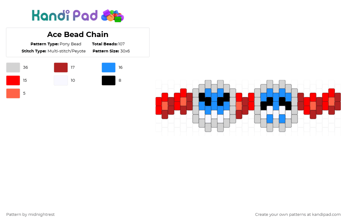 Ace Bead Chain - Pony Bead Pattern by midnightrest on Kandi Pad - red,light blue,anime,one piece,fire fist ace,blue