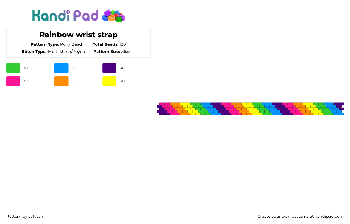 Rainbow wrist strap - Pony Bead Pattern by safatah on Kandi Pad - light blue,pink,yellow,colorful