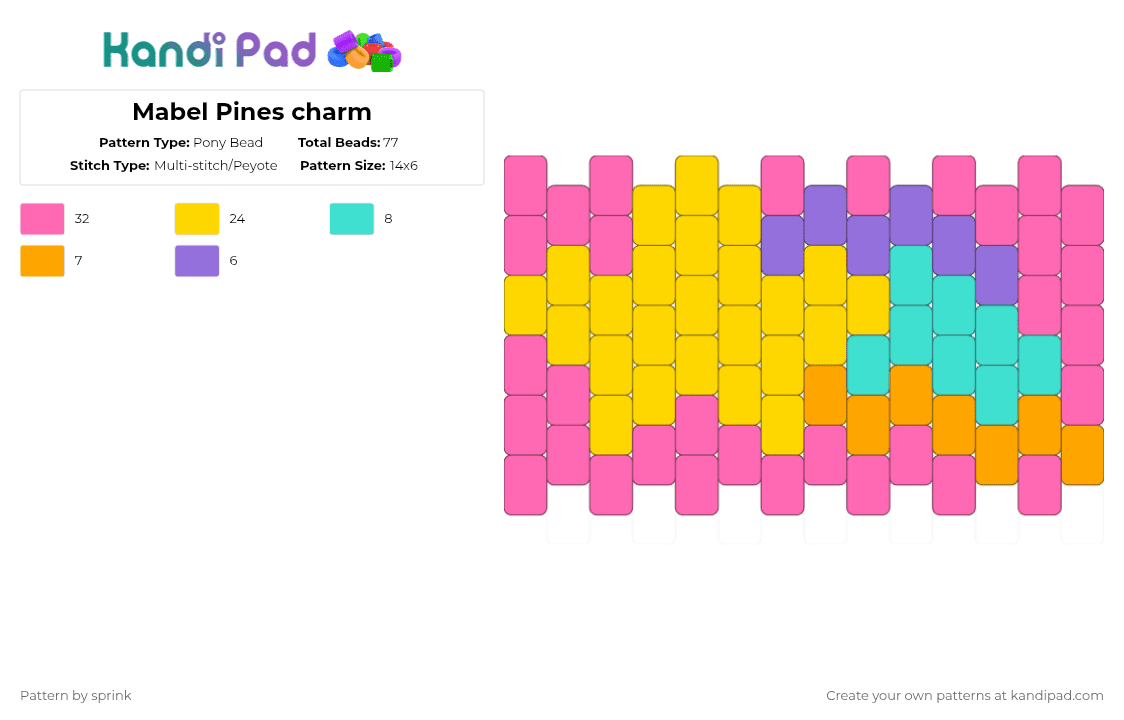 Mabel Pines charm - Pony Bead Pattern by sprink on Kandi Pad - yellow,pink,gravity falls,charm,mabel,mabel pines,shooting star