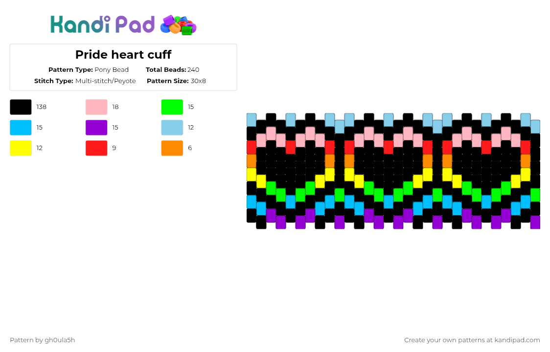 Pride heart cuff - Pony Bead Pattern by gh0ula5h on Kandi Pad - black,light blue,green,colorful
