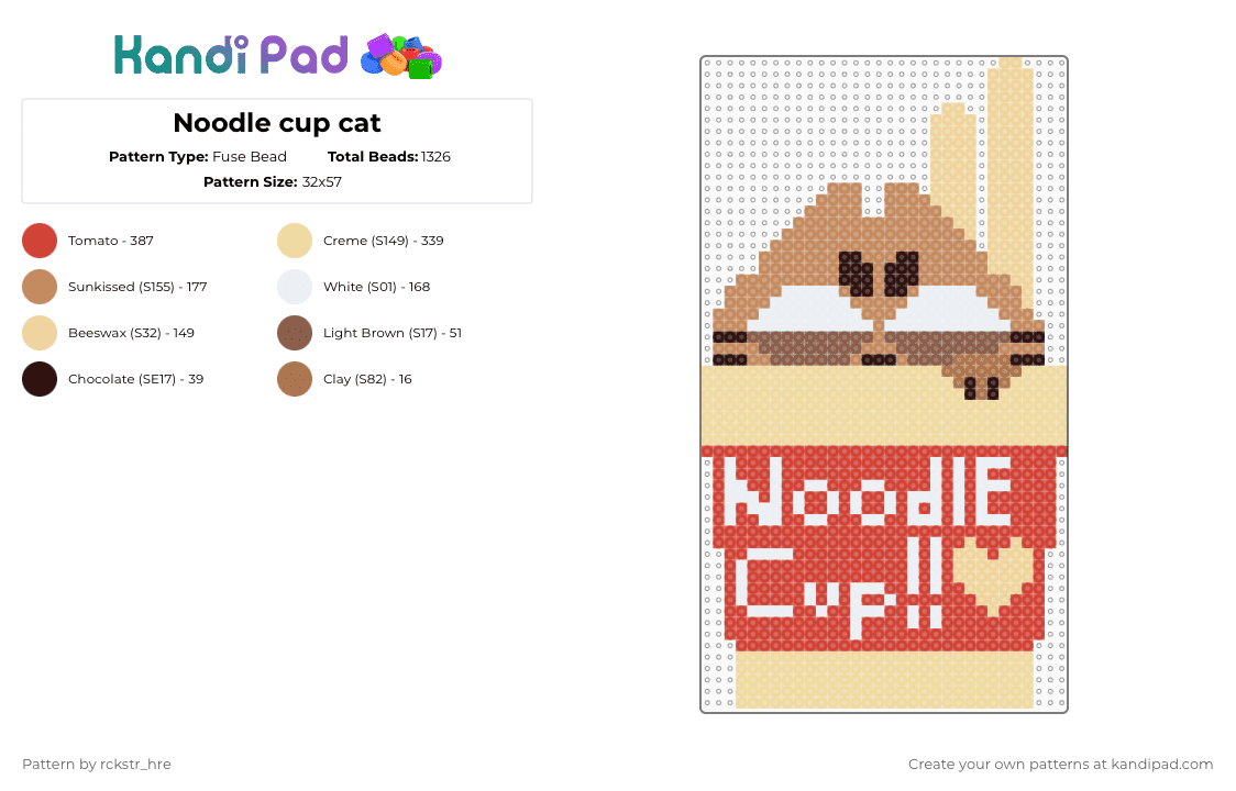 Noodle cup cat - Fuse Bead Pattern by rckstr_hre on Kandi Pad - beige,red,cat,noodles