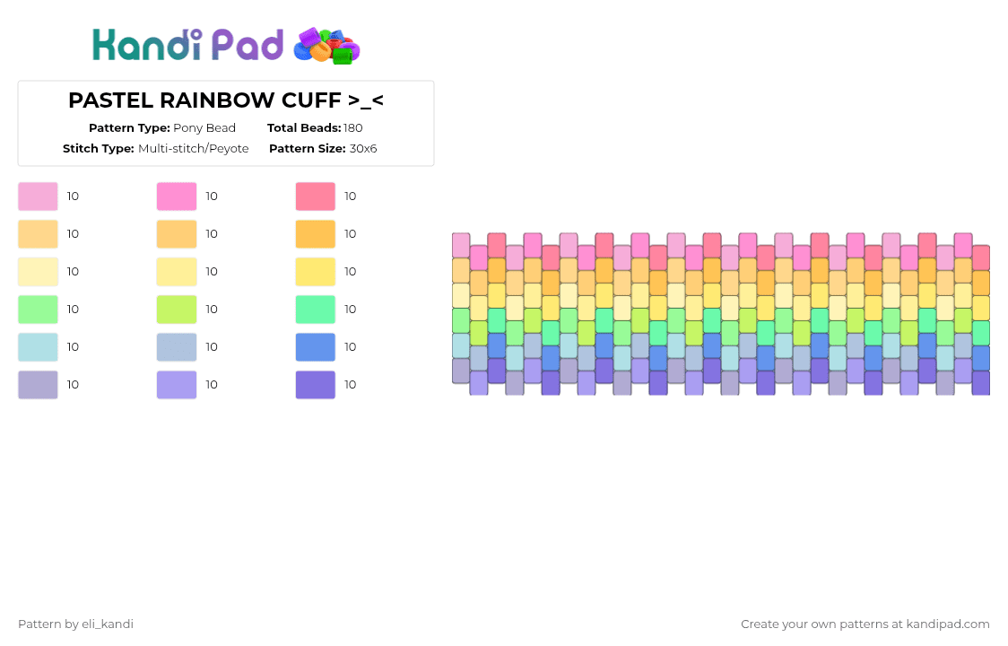 PASTEL RAINBOW CUFF >_ - Pony Bead Pattern by eli_kandi on Kandi Pad - pink,yellow,light blue,rainbow,cuff