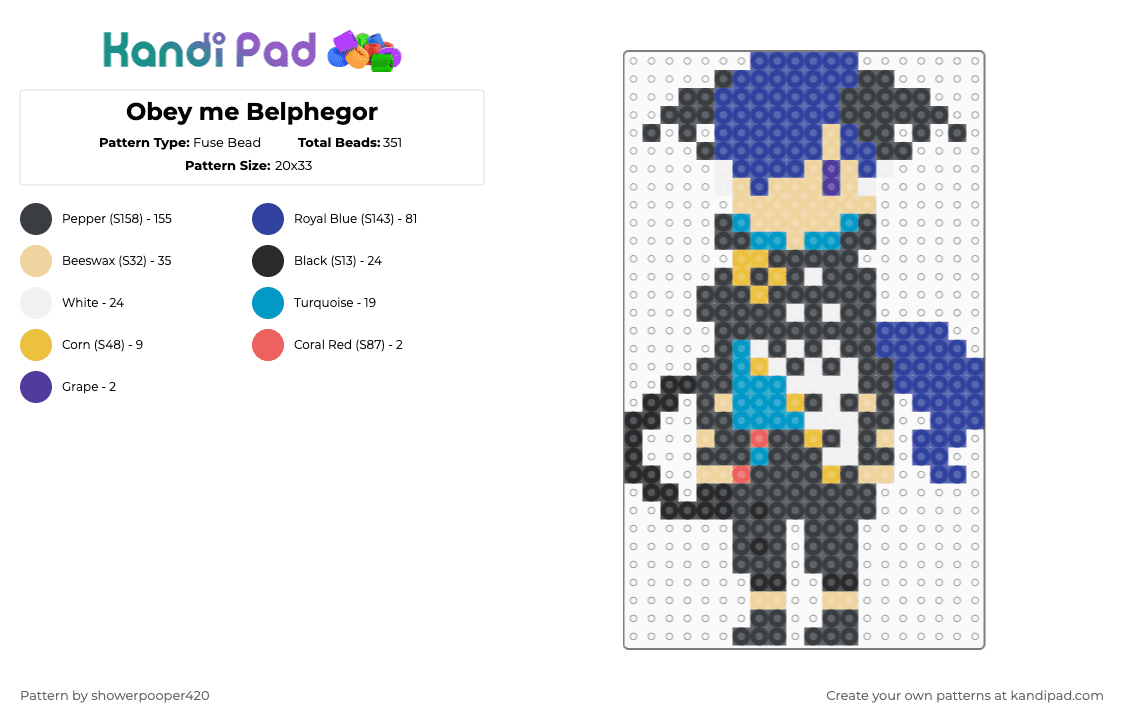 Obey me Belphegor - Fuse Bead Pattern by showerpooper420 on Kandi Pad - beige, black, purple