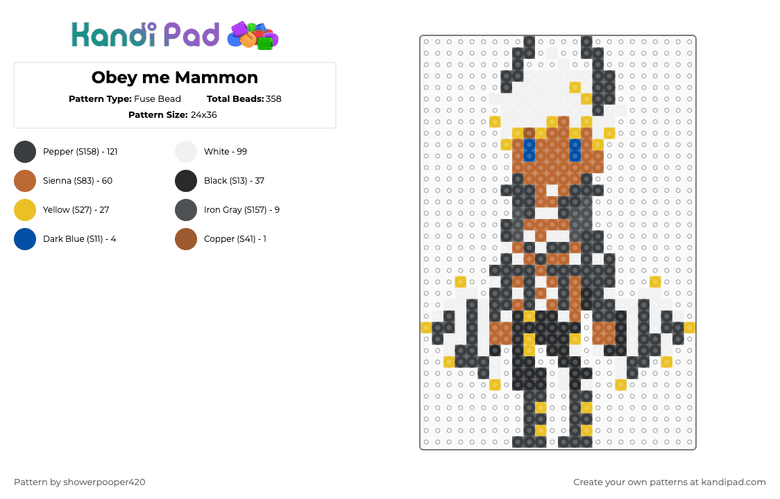 Obey me Mammon - Fuse Bead Pattern by showerpooper420 on Kandi Pad - white,yellow,tan