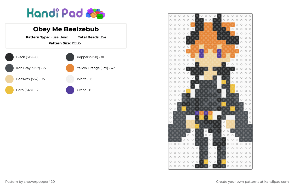 Obey Me Beelzebub - Fuse Bead Pattern by showerpooper420 on Kandi Pad - black,purple,orange