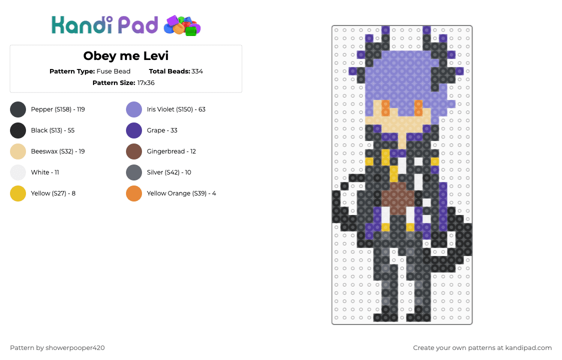 Obey me Levi - Fuse Bead Pattern by showerpooper420 on Kandi Pad - black,purple,blue