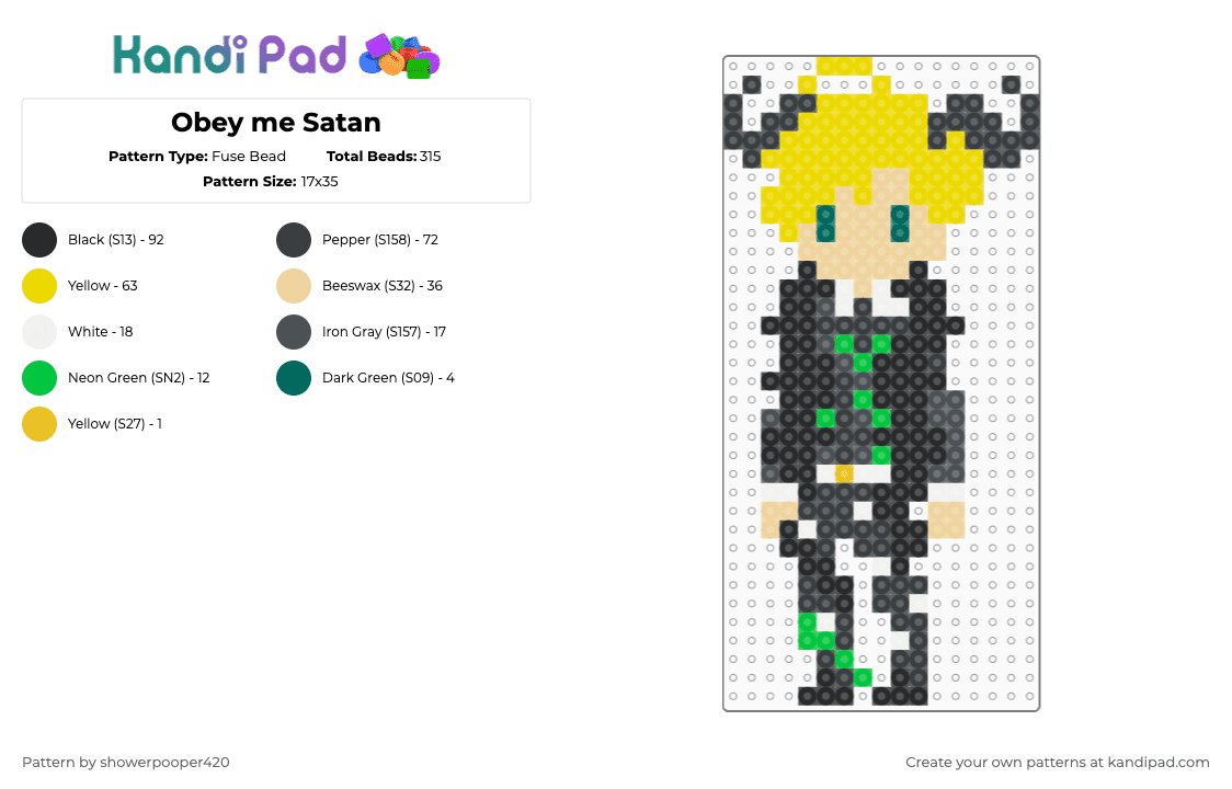 Obey me Satan - Fuse Bead Pattern by showerpooper420 on Kandi Pad - black,beige,yellow