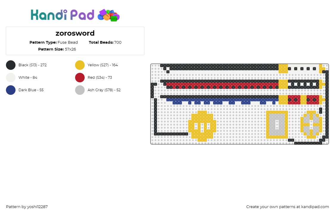 zorosword - Fuse Bead Pattern by yoshi12287 on Kandi Pad - swords,zoro,one piece,weapon,anime,samurai,katana,3d,gold,red,black