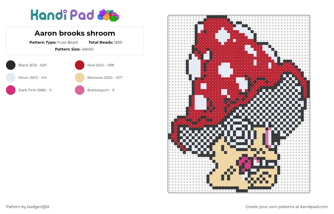 Aaron brooks shroom - Fuse Bead Pattern by badgerdj92 on Kandi Pad - mushroom,aaron brooks,psychedelic,trippy,hypnotic,fungus,nature,red
