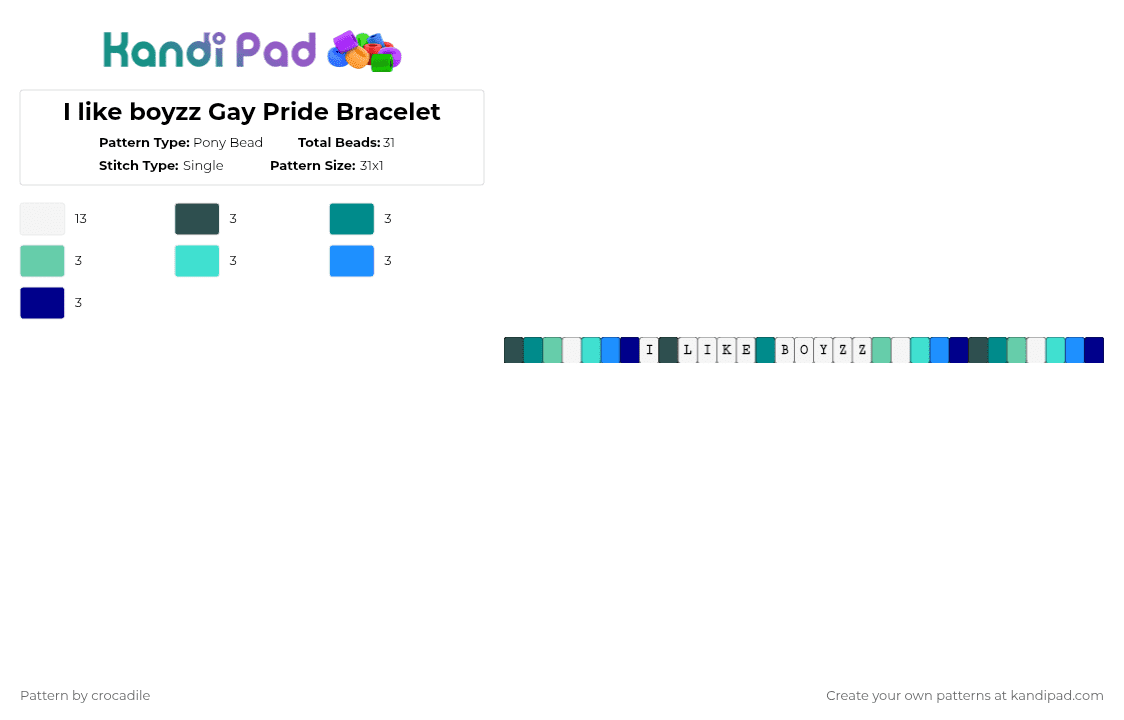 I like boyzz Gay Pride Bracelet - Pony Bead Pattern by crocadile on Kandi Pad - teal,light blue