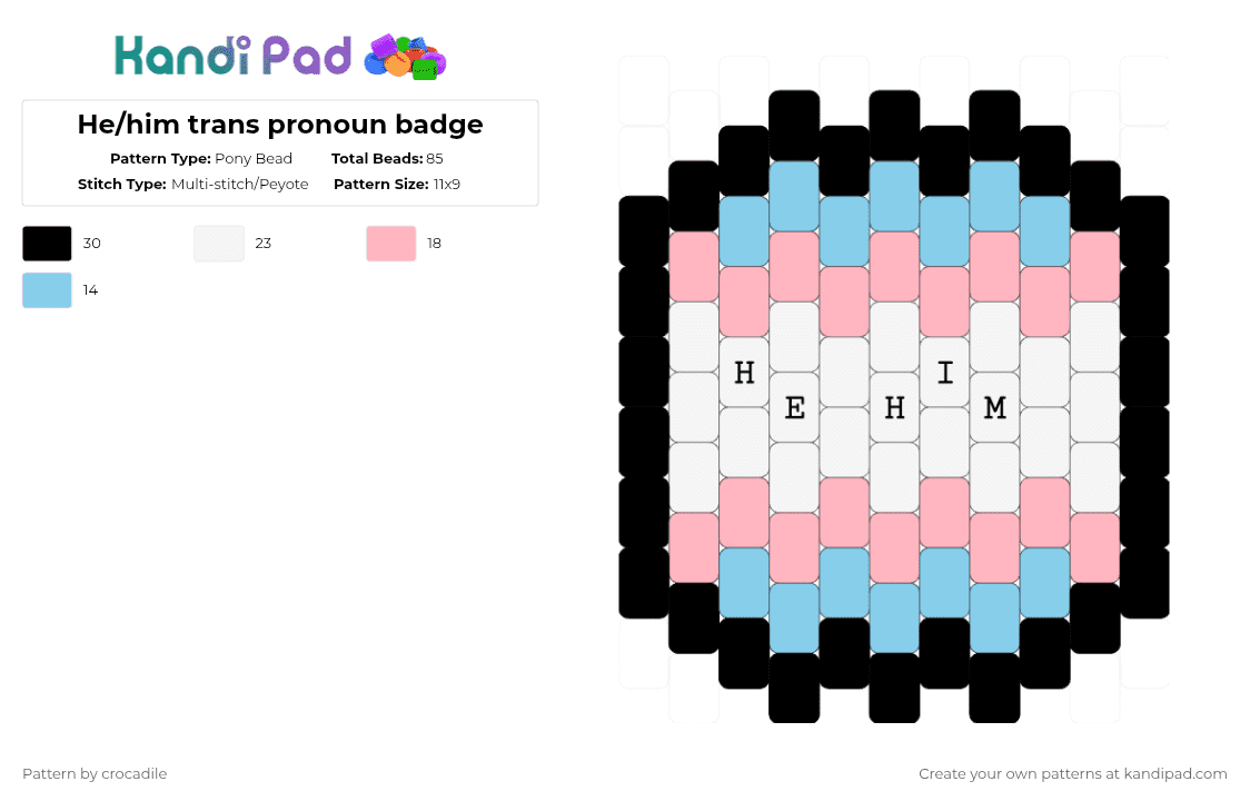 He/him trans pronoun badge - Pony Bead Pattern by crocadile on Kandi Pad - pink,light blue