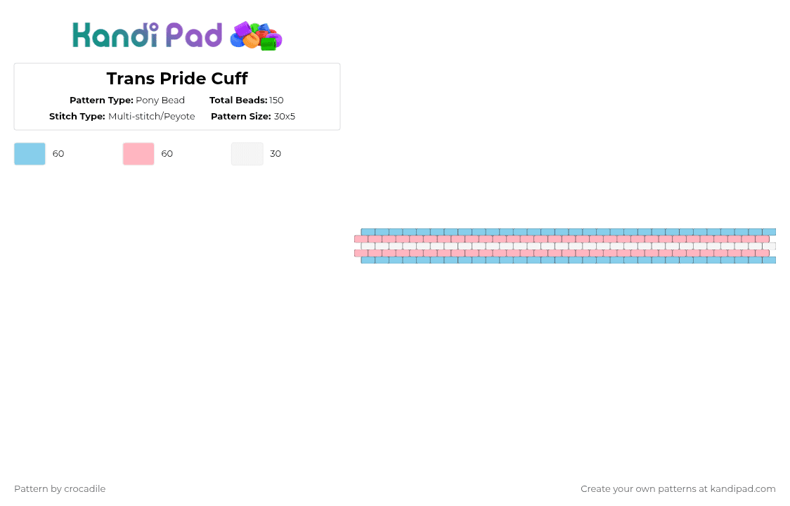 Trans Pride Cuff - Pony Bead Pattern by crocadile on Kandi Pad - light blue,pink