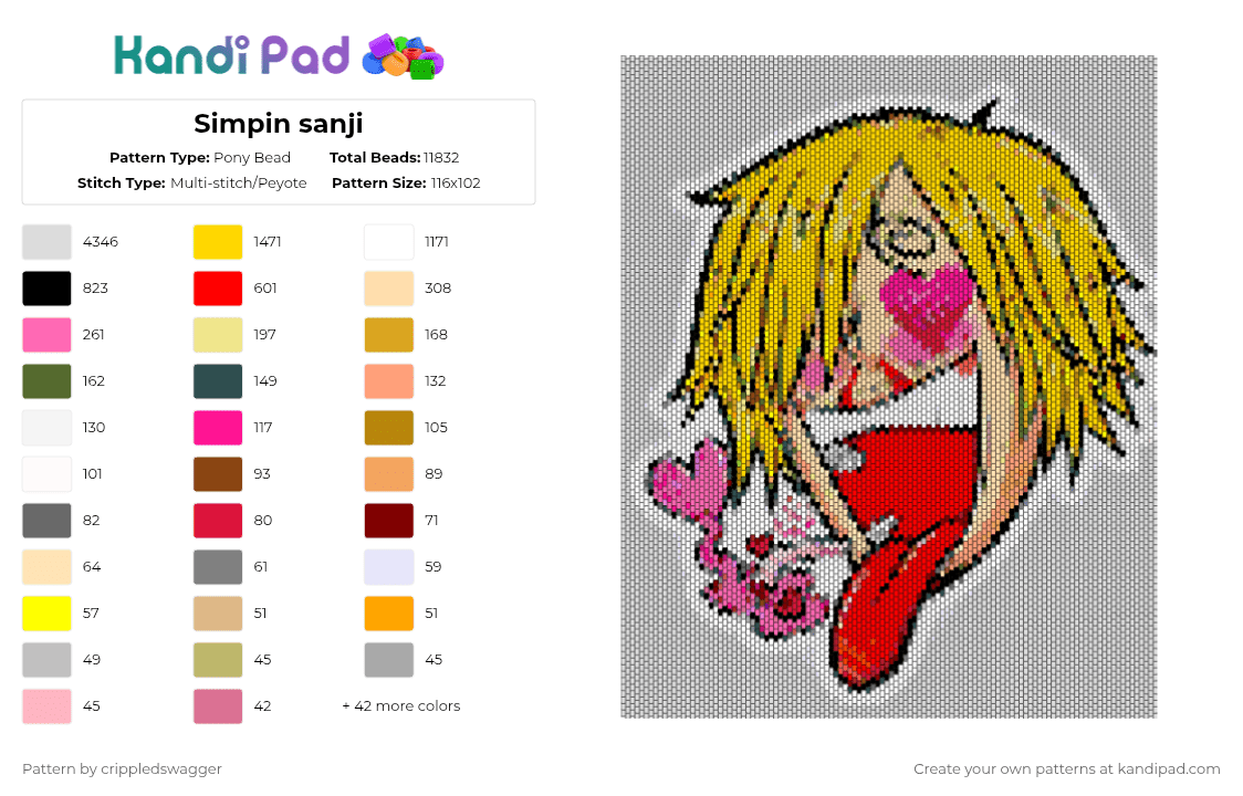 Simpin sanji - Pony Bead Pattern by crippledswagger on Kandi Pad - white,red,beige,pink,colorful