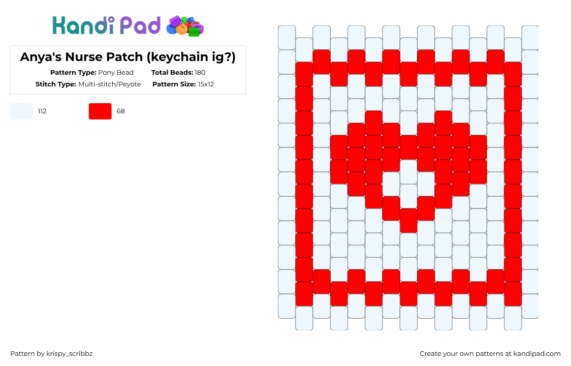 Anya\'s Nurse Patch (keychain ig?) - Pony Bead Pattern by krispy_scribbz on Kandi Pad - red,white,mouthwashing,nurse,anya,takeresponsibility,od,tulpar
