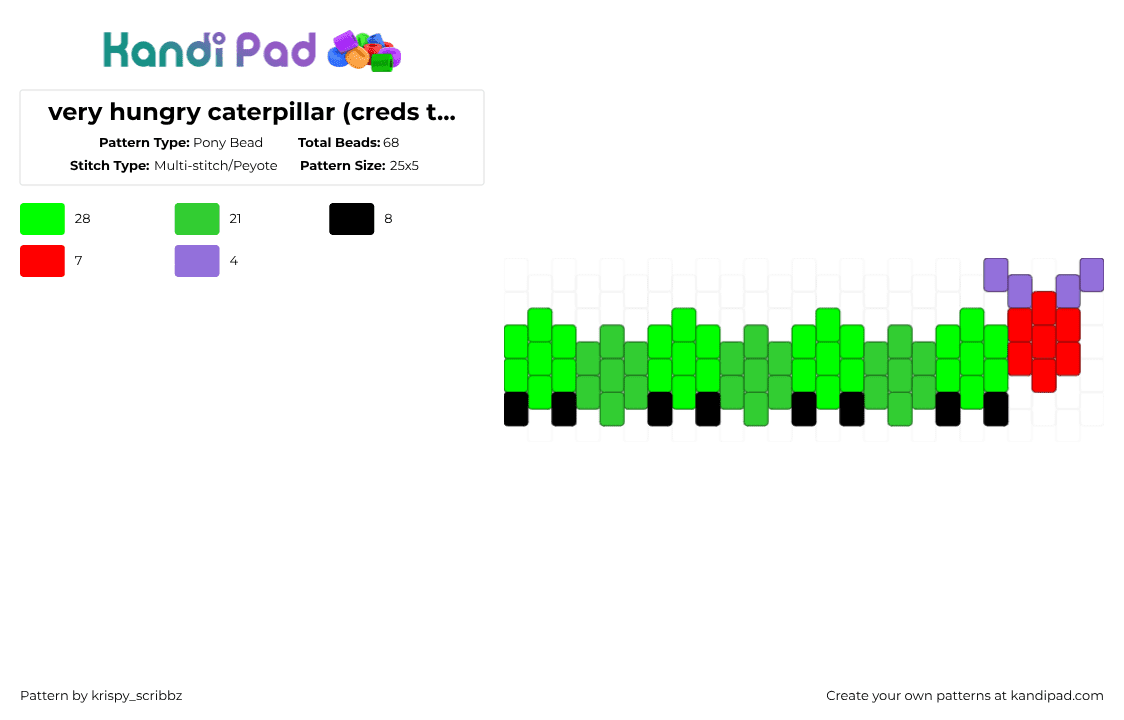 very hungry caterpillar (creds to cosmicvoid) - Pony Bead Pattern by krispy_scribbz on Kandi Pad - green,theveryhungrycaterpillar,cuff,book,childhood,andhewasstillhungry,bigback,ate