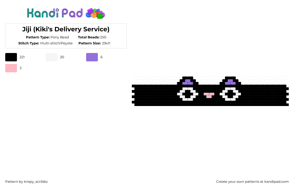 Jiji (Kiki\'s Delivery Service) - Pony Bead Pattern by krispy_scribbz on Kandi Pad - black,white,pink,purple,studioghibli,jiji,cat,cuff,grumpy40yearoldmancore,kikisdeliveryservice,kitty