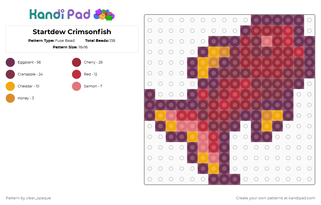 Startdew Crimsonfish - Fuse Bead Pattern by clear_opaque on Kandi Pad - pink,red,stardew valley,stardew,crimsonfish,fish,legendary fish