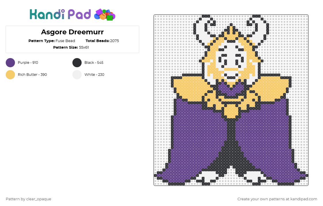 Asgore Dreemurr - Fuse Bead Pattern by clear_opaque on Kandi Pad - yellow,purple,undertale,asgore,asgore dreemurr,character,video games,gaming