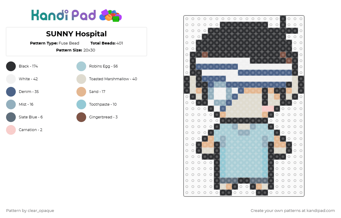 SUNNY Hospital - Fuse Bead Pattern by clear_opaque on Kandi Pad - black,beige,blue,light blue,omori,sunny,character,video game,gaming