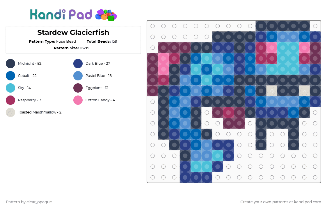 Stardew Glacierfish - Fuse Bead Pattern by clear_opaque on Kandi Pad - purple,blue,light blue,stardew valley,stardew,glacierfish,fish,legendary fish