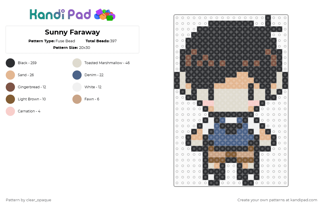 SUNNY Faraway - Fuse Bead Pattern by clear_opaque on Kandi Pad - sunny,chibi,gaming,video game,character,omori,faraway,black,beige