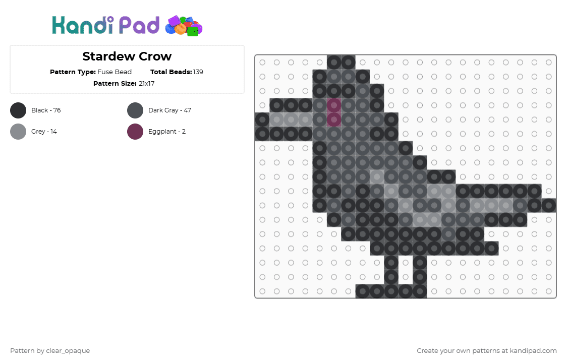 Stardew Crow - Fuse Bead Pattern by clear_opaque on Kandi Pad - gray,stardew valley,stardew,crow
