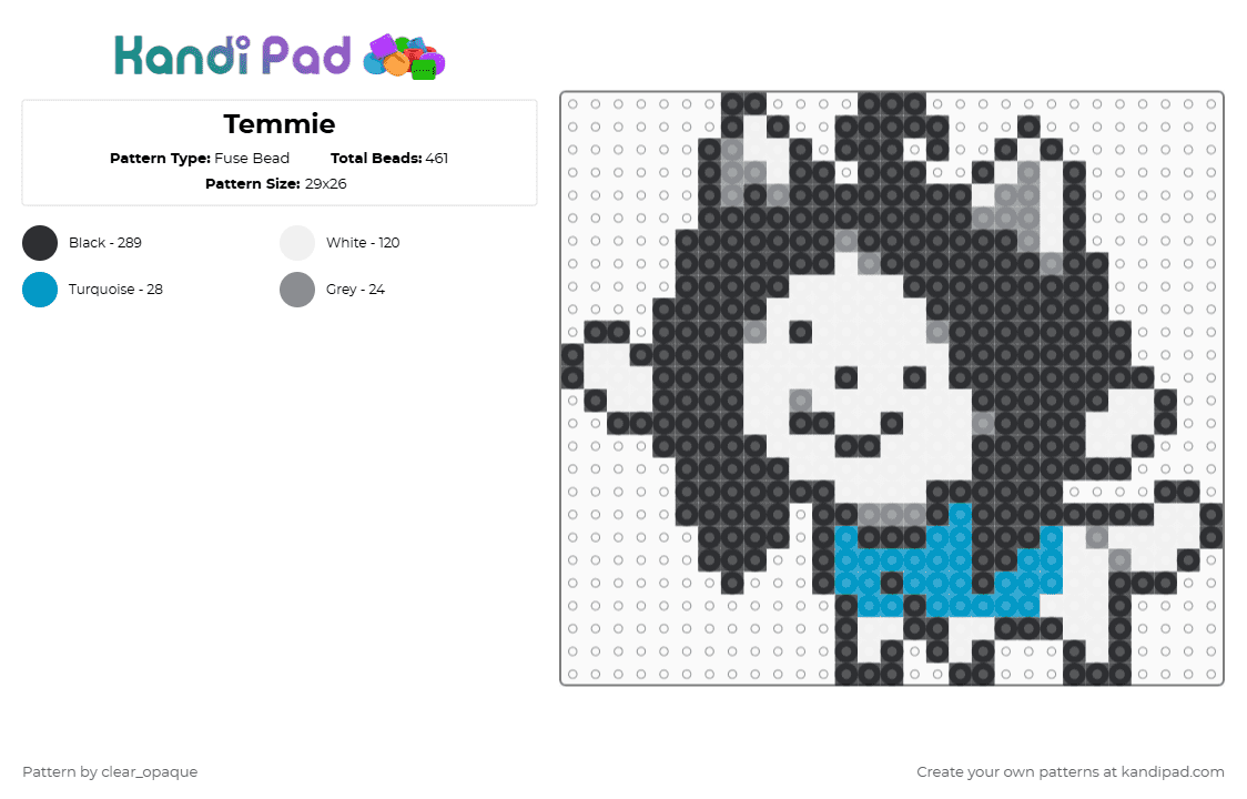 Temmie - Fuse Bead Pattern by clear_opaque on Kandi Pad - black,white,gray,light blue,undertale,temmie,character,video game