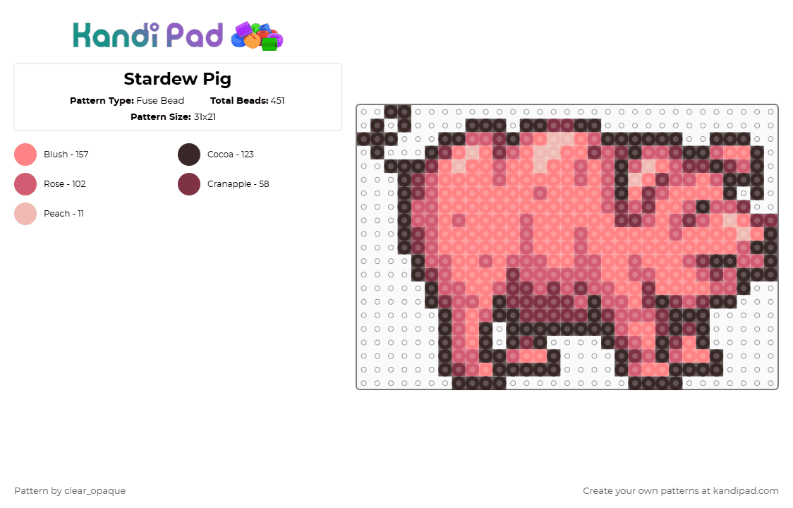 Stardew Pig - Fuse Bead Pattern by clear_opaque on Kandi Pad - brown,red,stardew valley,stardew,pig