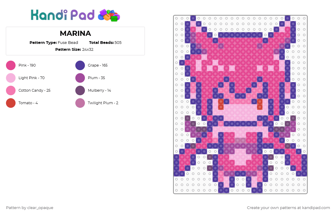 MARINA - Fuse Bead Pattern by clear_opaque on Kandi Pad - purple,pink,omori,marina