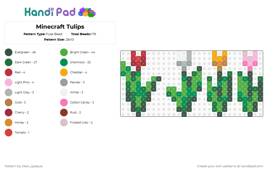 Minecraft Tulips - Fuse Bead Pattern by clear_opaque on Kandi Pad - green,gray,minecraft,tulip,flower,video games,gaming