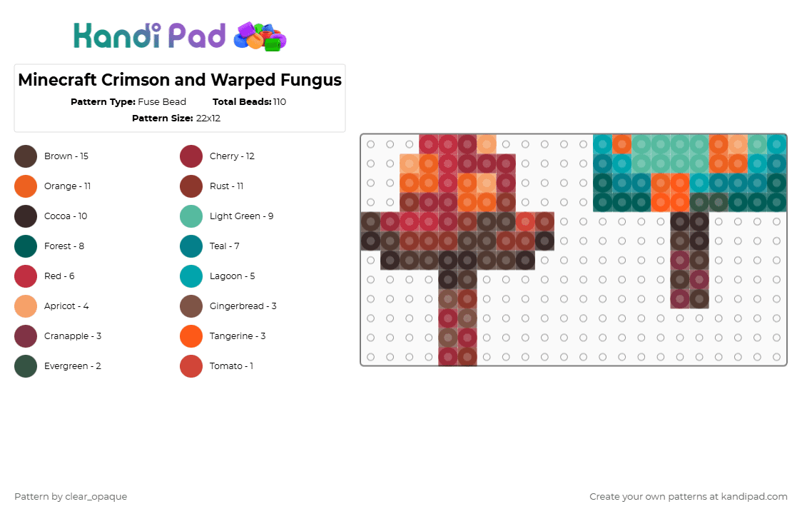 Minecraft Crimson and Warped Fungus - Fuse Bead Pattern by clear_opaque on Kandi Pad - red,orange,brown,teal,minecraft,crimson fungus,warped fungus,mushroom,video games,gaming