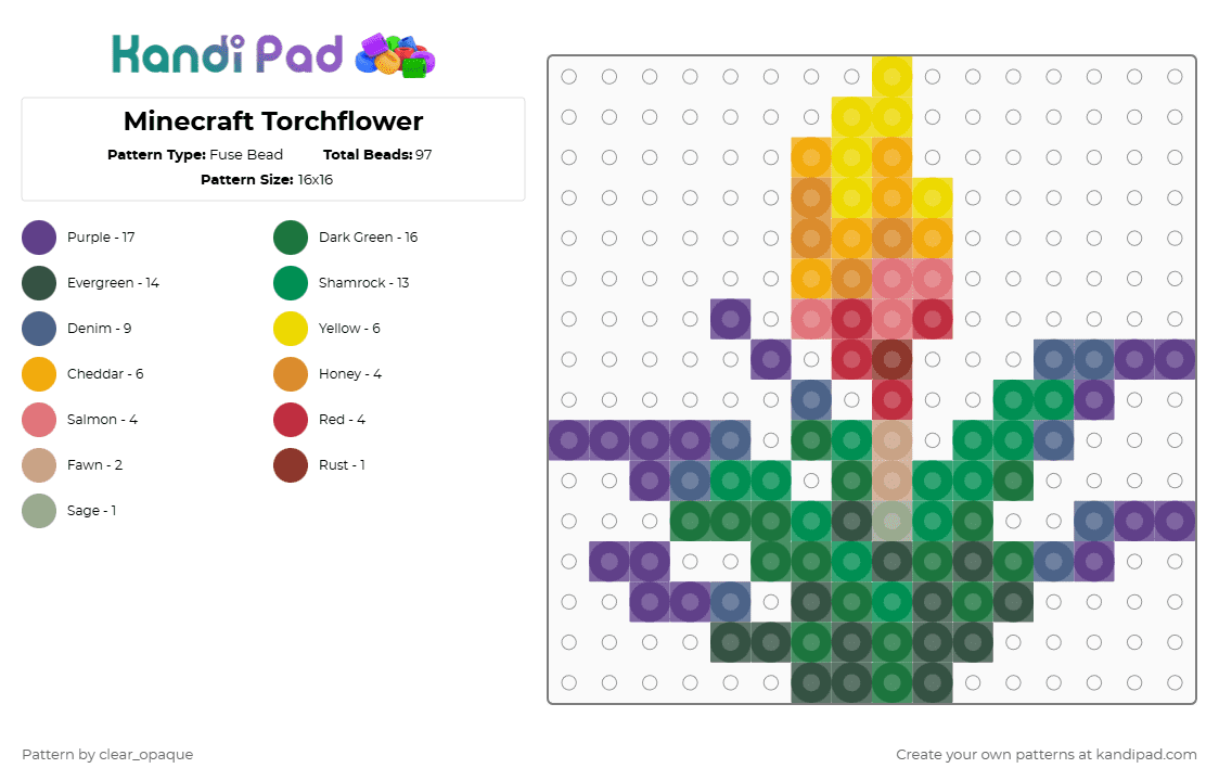 Minecraft Torchflower - Fuse Bead Pattern by clear_opaque on Kandi Pad - green,purple,gray,minecraft,torchflower,flower,video games,gaming