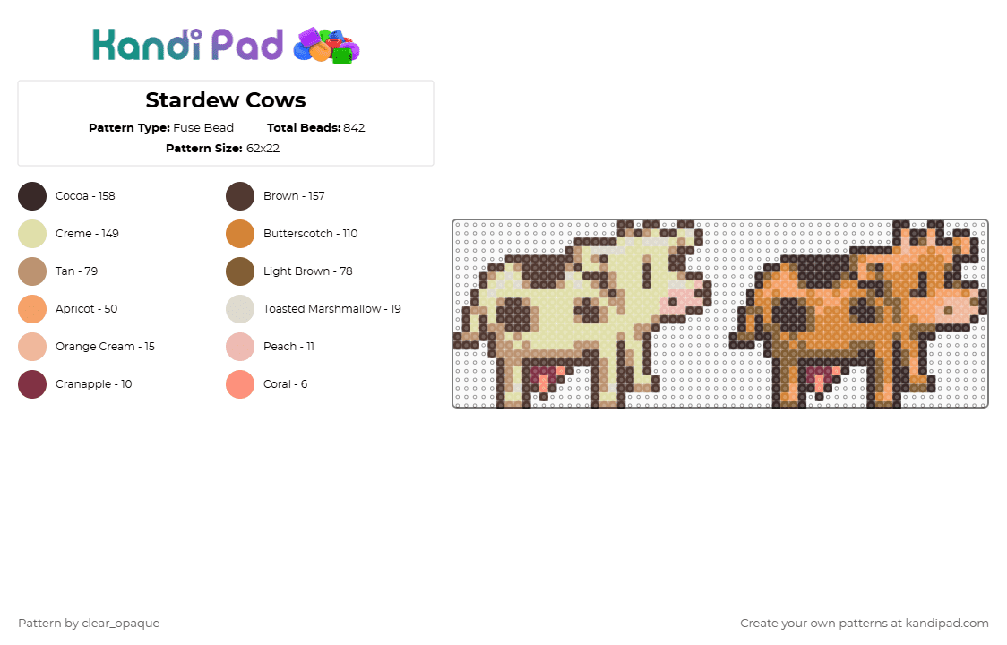 Stardew Cows - Fuse Bead Pattern by clear_opaque on Kandi Pad - brown,orange,stardew valley,stardew,cow,brown cow,gaming