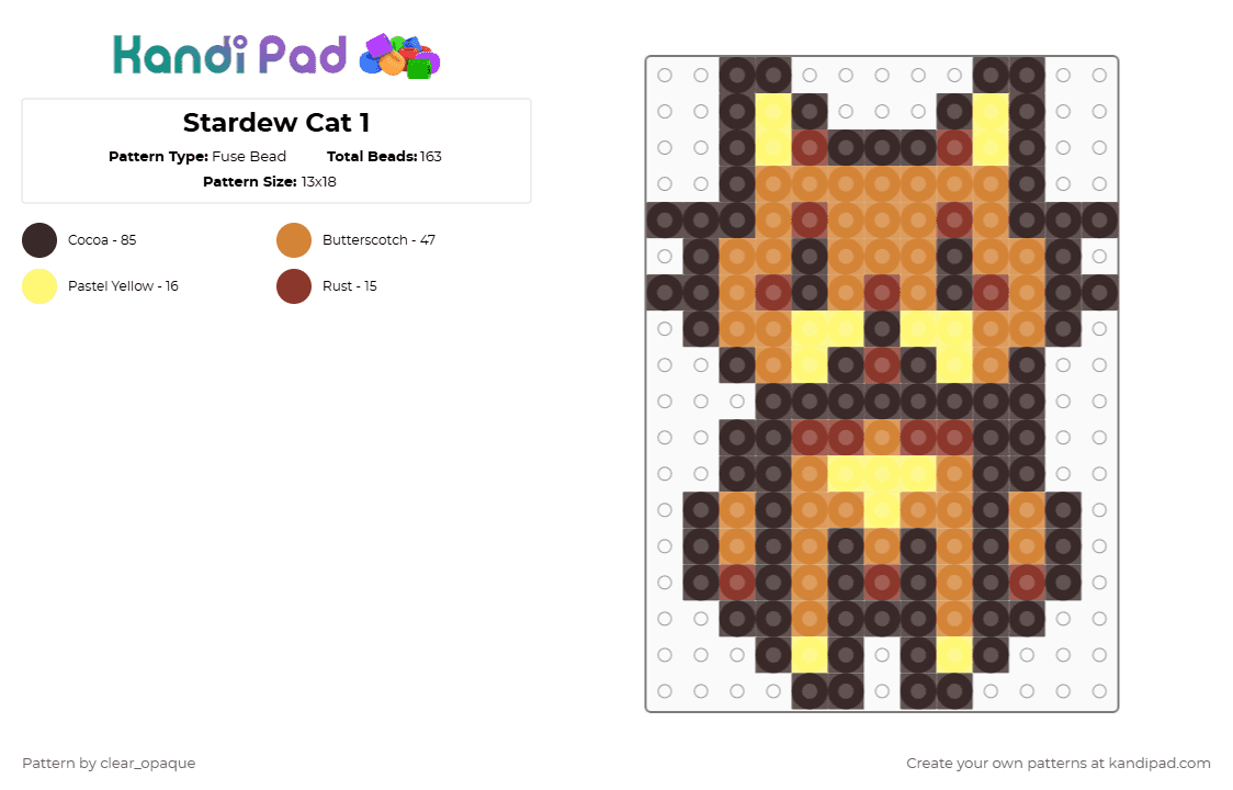 Stardew Cat 1 - Fuse Bead Pattern by clear_opaque on Kandi Pad - brown,orange,stardew,stardew valley,cat,orange cat,gaming