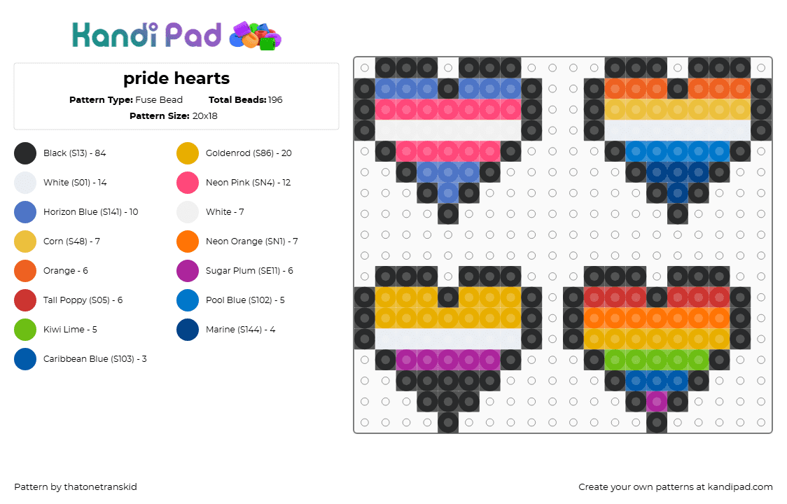 pride hearts - Fuse Bead Pattern by thatonetranskid on Kandi Pad - black,blue,red,orange
