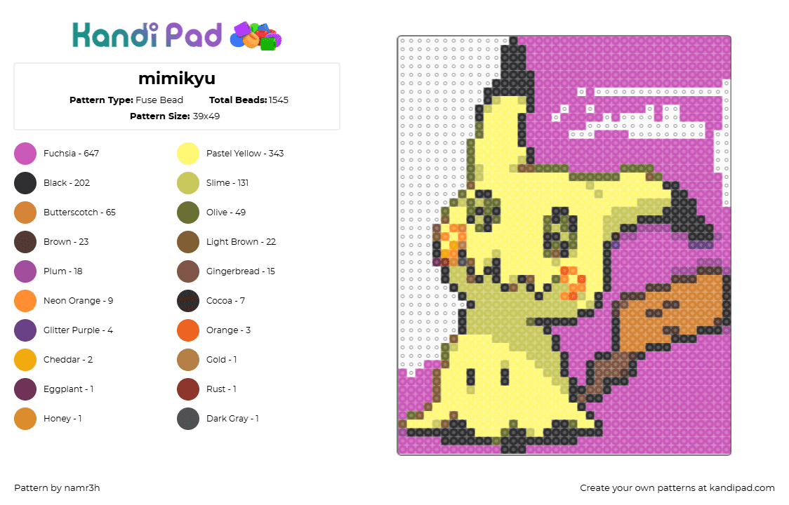 mimikyu - Fuse Bead Pattern by namr3h on Kandi Pad - pink,green,yellow